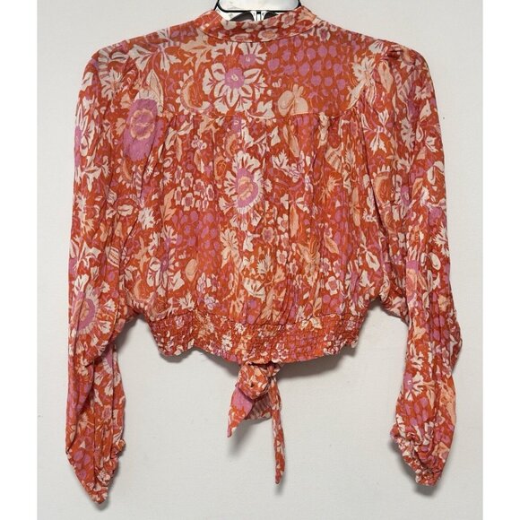 Rachel Zoe Pink Orange Floral Button Up Waist Crop Top Flounce Sleeve Blouse - Picture 9 of 10